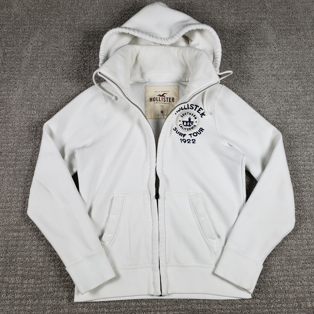 Vintage Y2k Hollister Hoodie Mens (M) White Embroidered Heavyweight Full Zip